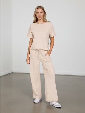 1244 • Ecru 100% Cotton Slub Knit Drawstring Wide Leg Pants Side Split Top Set